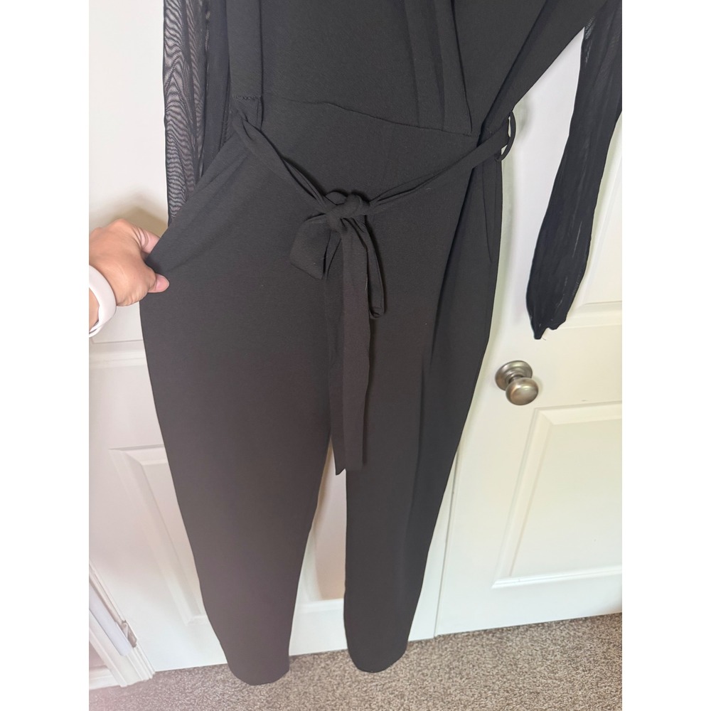 Moa Moa Black Wrap V-Neck Jumpsuit with Sheer Mesh Long Sleeves Large - Picture 3 of 5